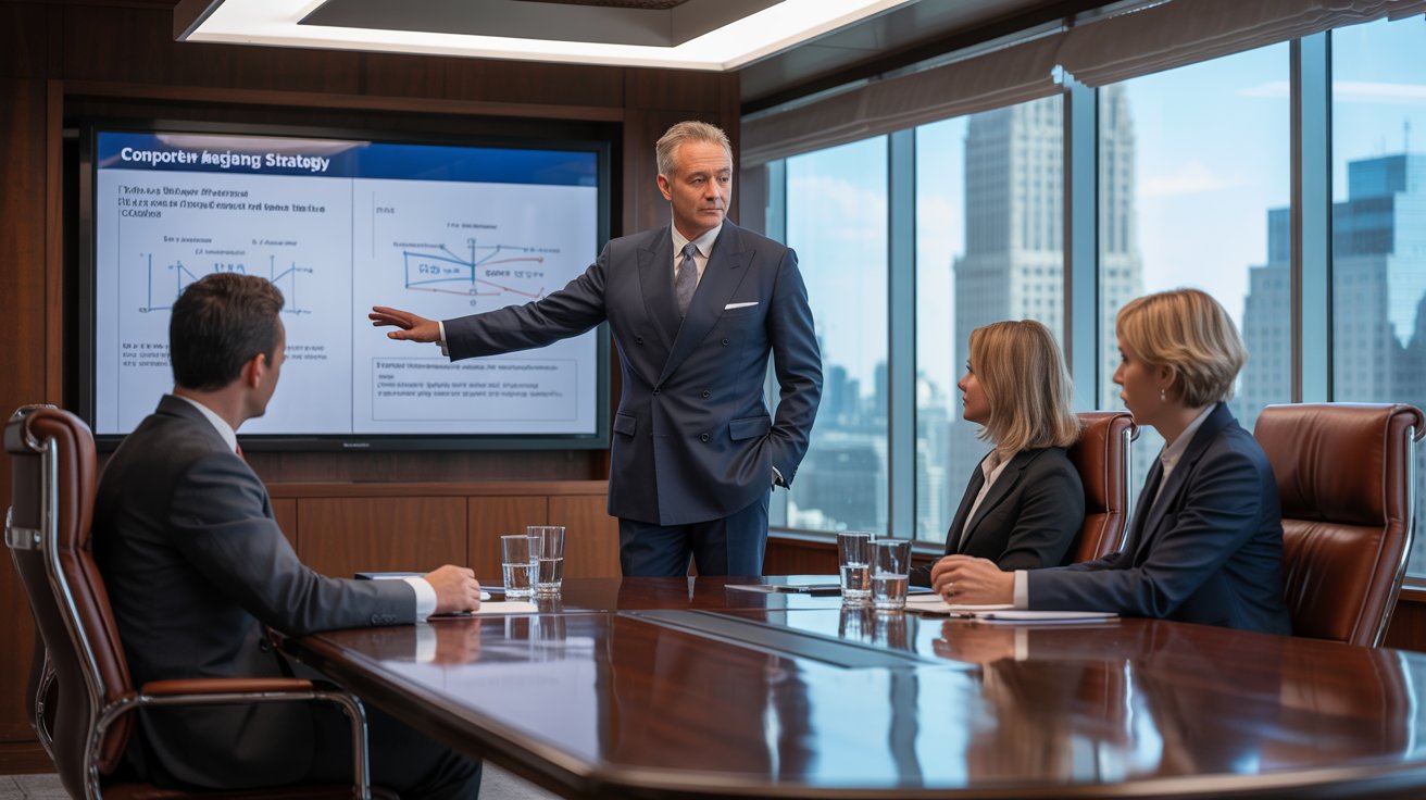 Corporate communications director presenting strategy in boardroom