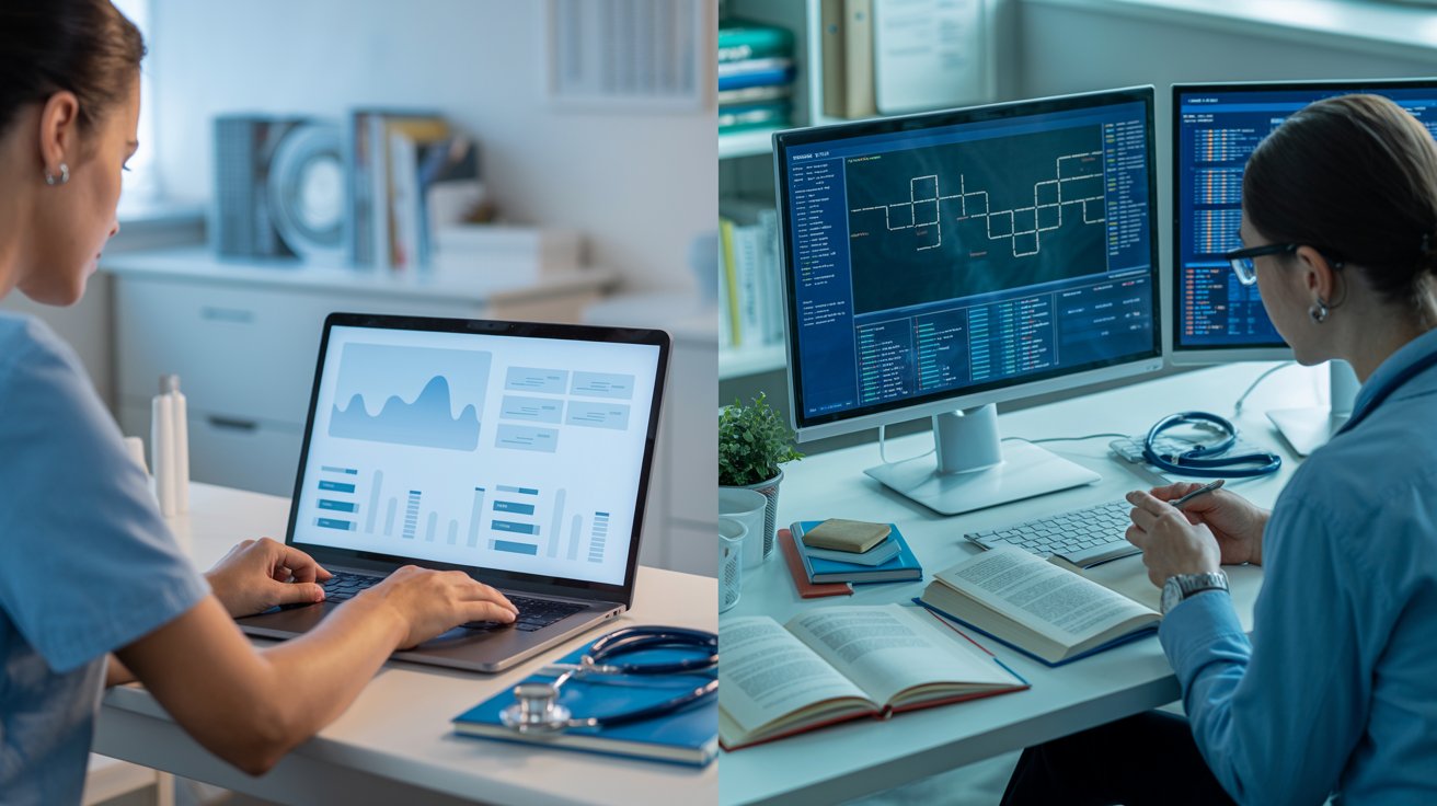 Two women in blue scrubs sit at a desk, working on computers in a bright office setting.