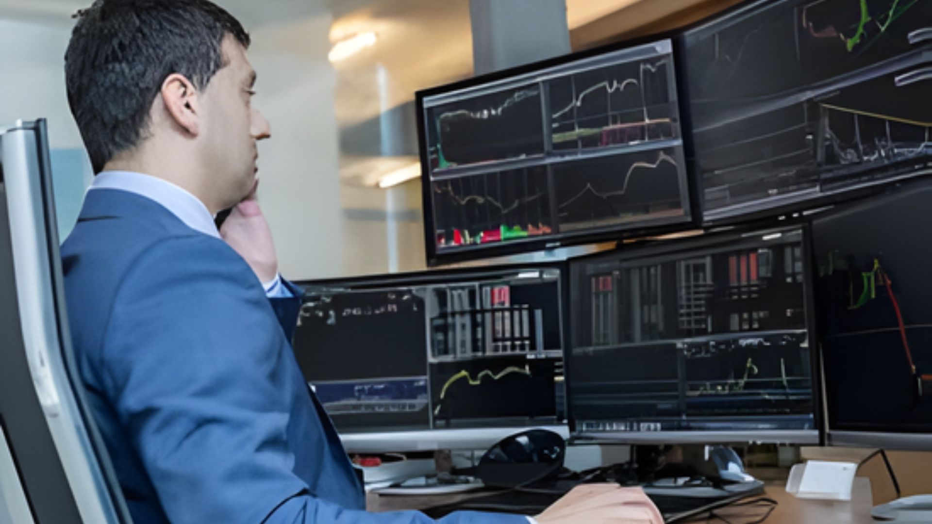 A suited man works at a desk with several monitors, engaged in tasks for the Right Quantitative Finance Course.