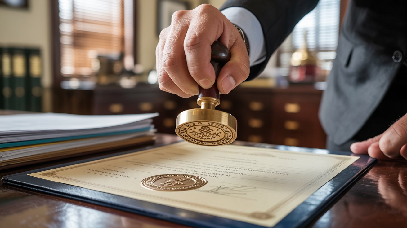 Notary stamping an educational certificate for attestation verification