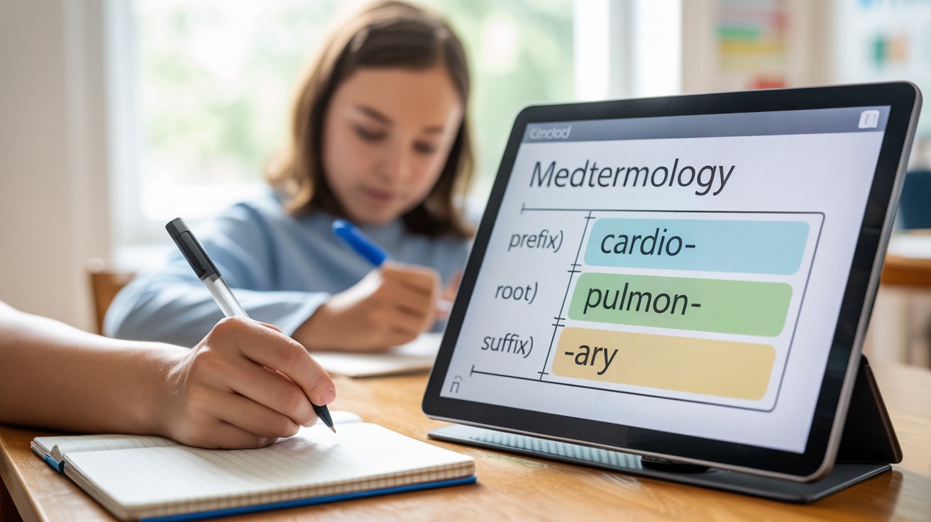 Medical terminology breakdown showing prefixes roots and suffixes on screen