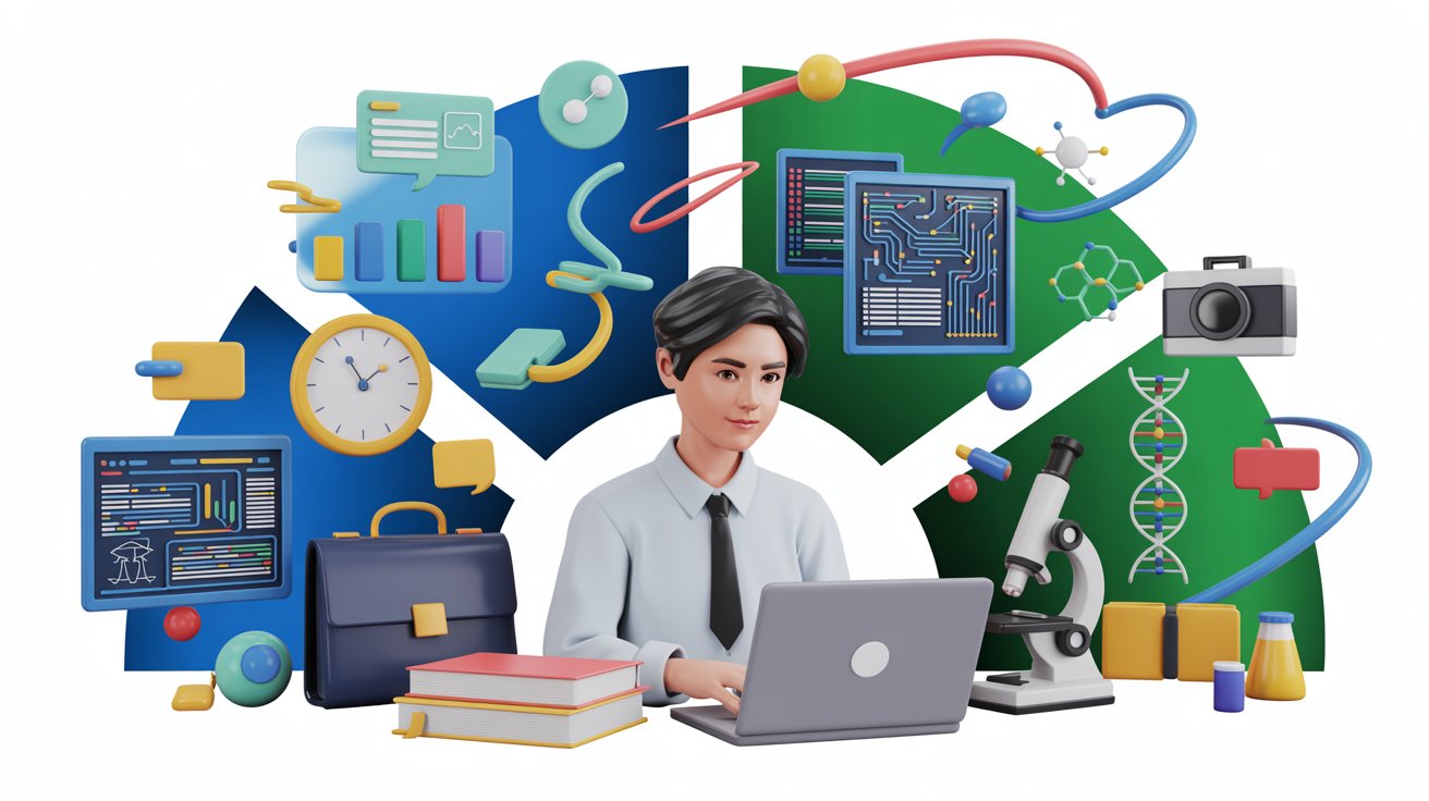 A man at a desk with a laptop, surrounded by various icons representing different digital tools and applications.