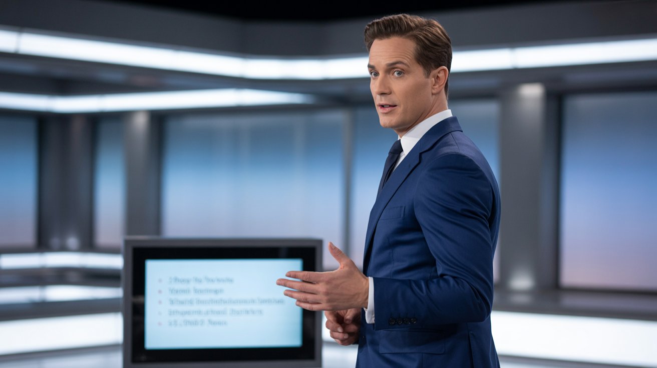 Broadcast presenter delivering news in studio