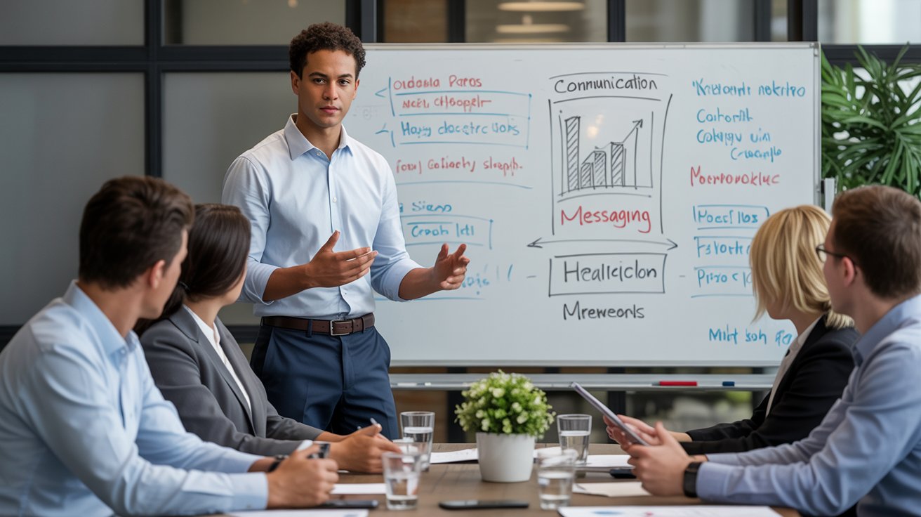 PR professional explaining communication strategy in a business meeting