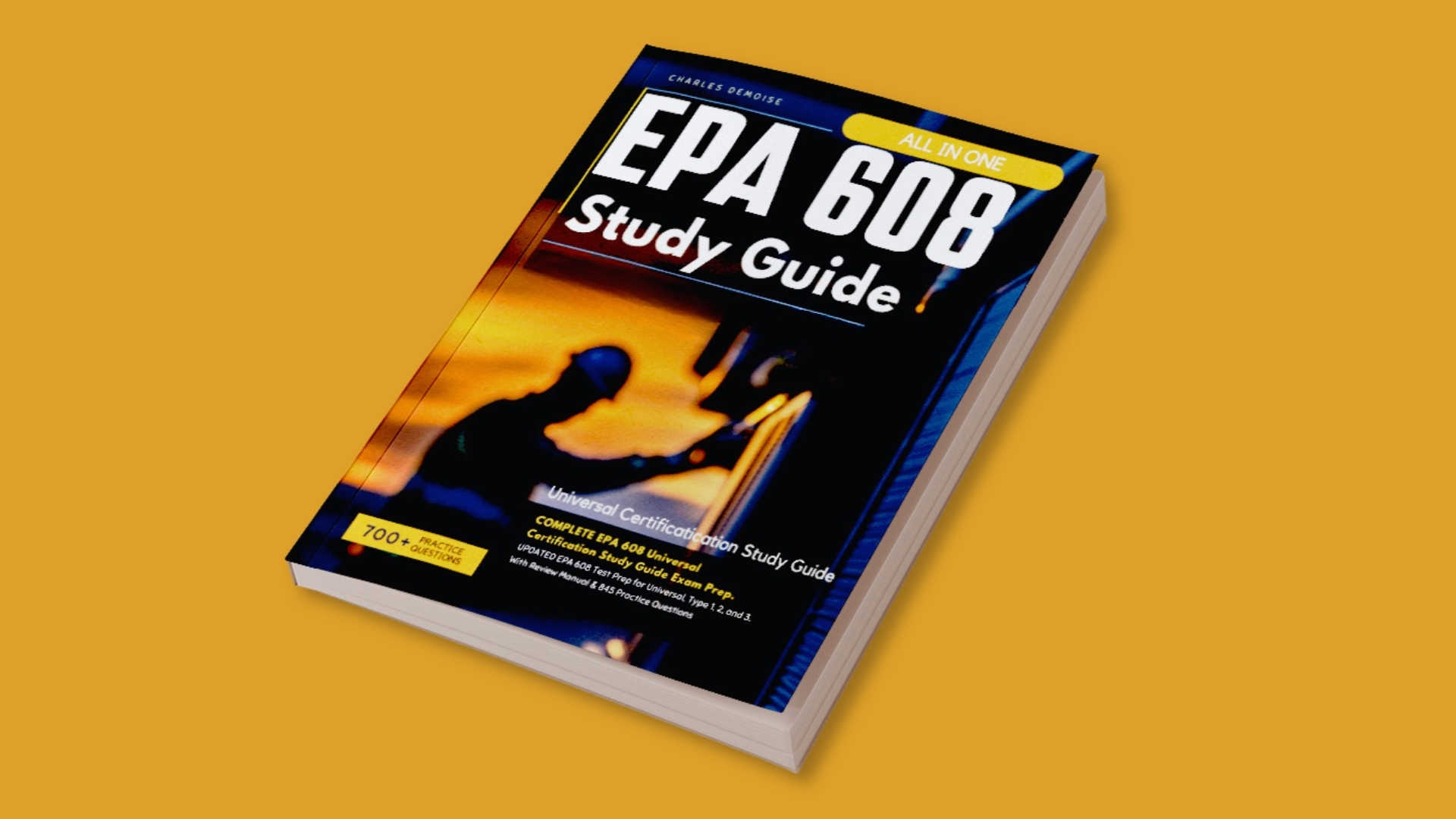 Cover of EPA 608 Study Guide book showing HVAC technician illustration and exam prep details.