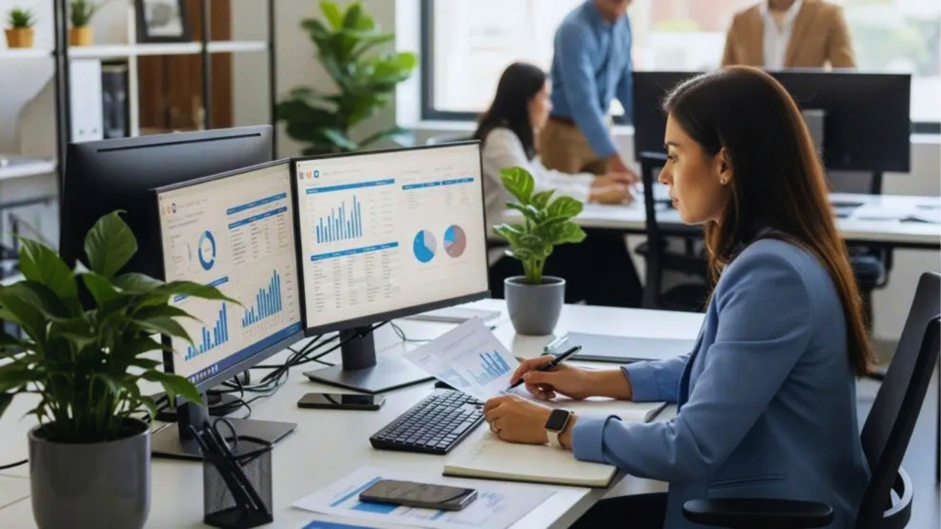 Woman in blue blazer analyzing business administration data on dual computer monitors with charts and graphs