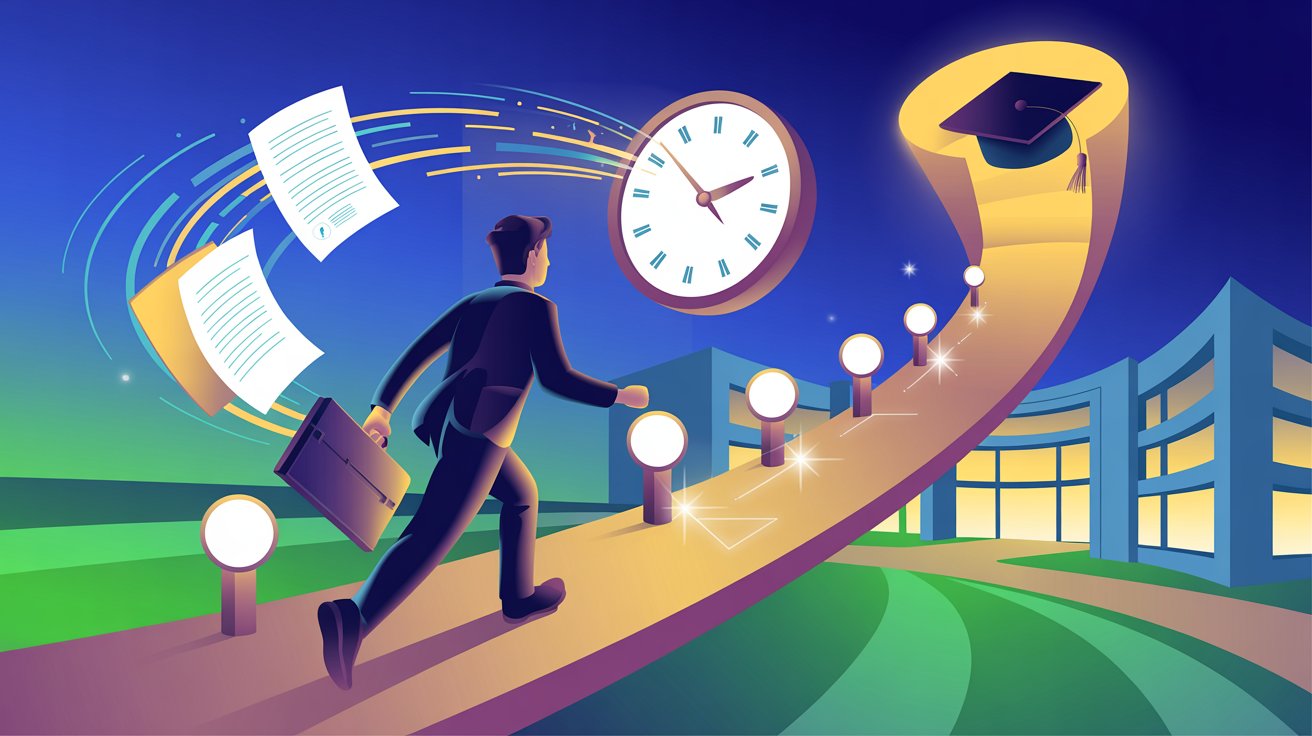 A man in a suit runs towards a large clock, looking determined and focused on reaching it in time.