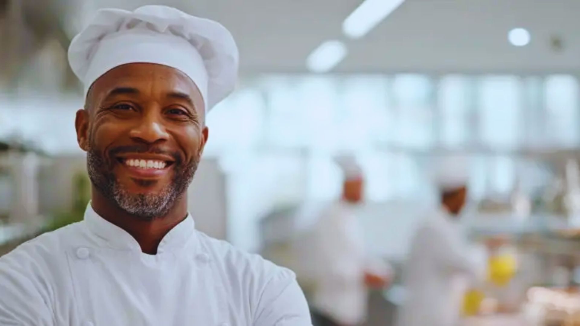 A chef wearing a white chef hat and uniform, smiling while facing the camera.