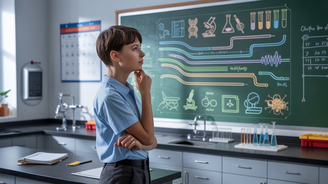 A young woman stands in front of a chalkboard filled with various science symbols and equations.