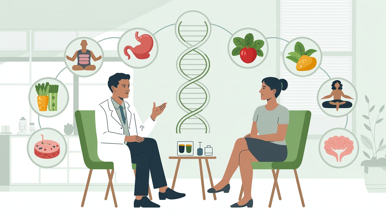 A doctor and patient sit together at a table filled with colorful vegetables and food, engaging in a health conversation.