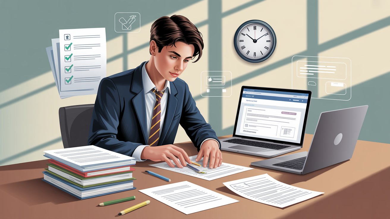 A man in a suit sits at a desk, surrounded by paperwork and a laptop, focused on his work.