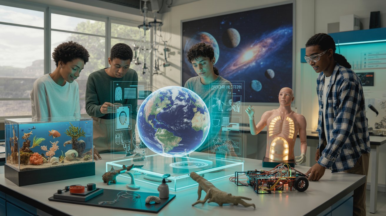 A diverse group of people collaborate in a science lab, examining a globe on the table.