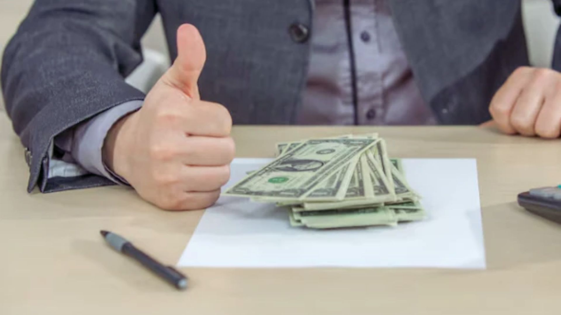 A man in a suit holds a stack of money while giving a thumbs up, conveying success and approval.