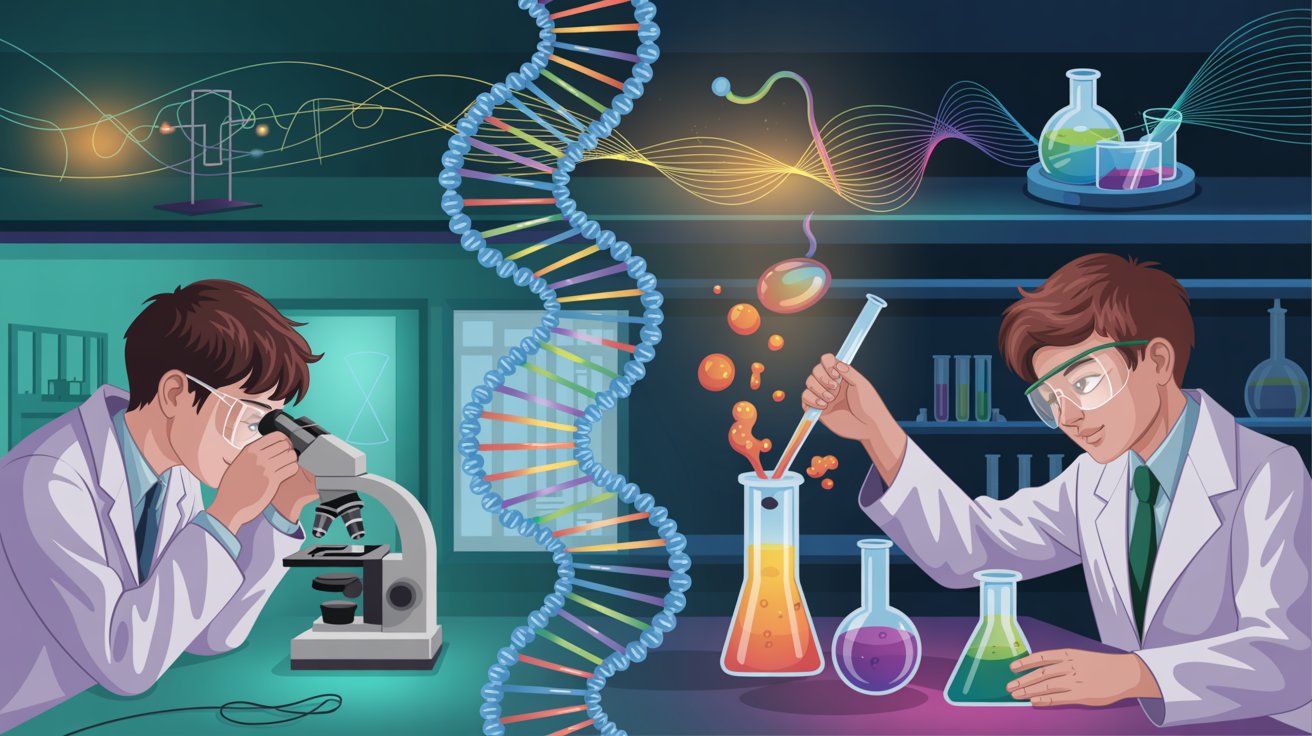 Two men in lab coats are examining a DNA molecule in a laboratory setting.