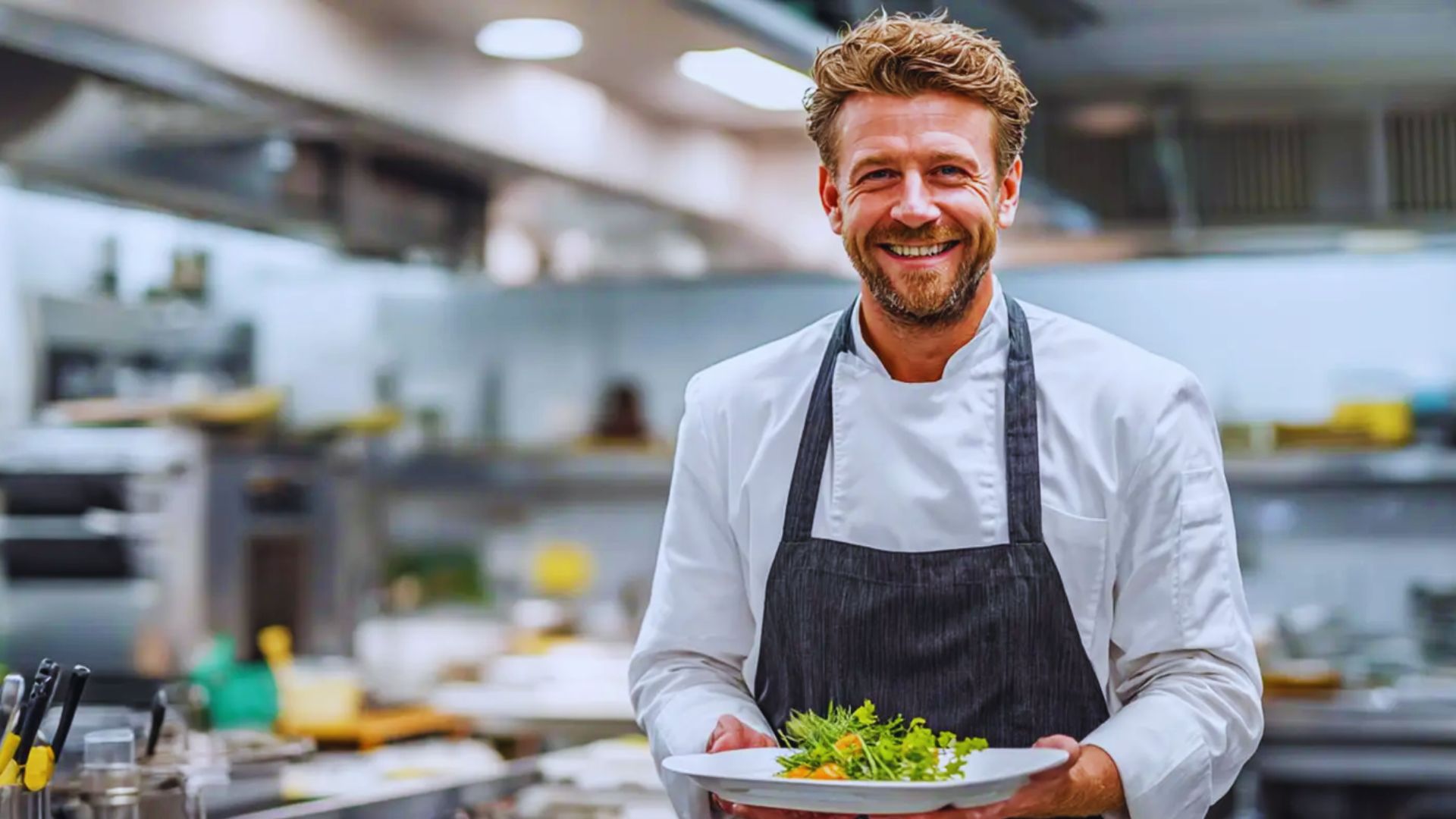 A chef smiling in a kitchen setting, holding a prepared dish in his hand.