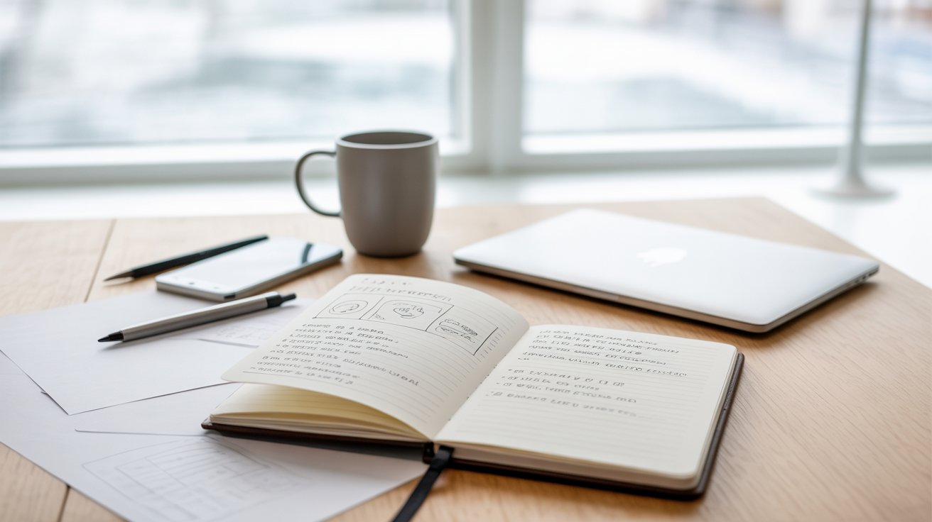 A diary with written ideas along with pens and a coffee mug