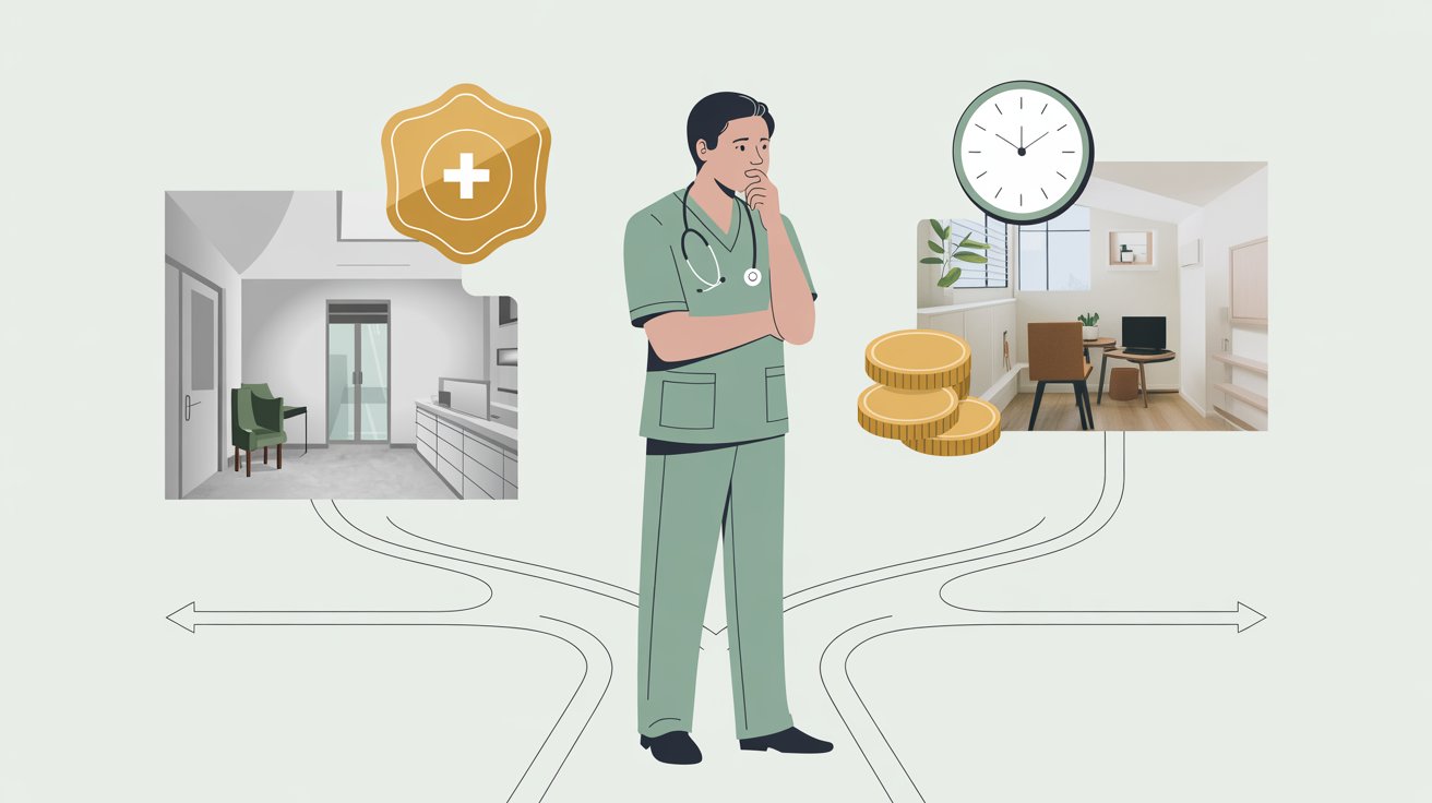 A doctor stands in front of a clock and money in a room, emphasizing the importance of time and finances in medicine.