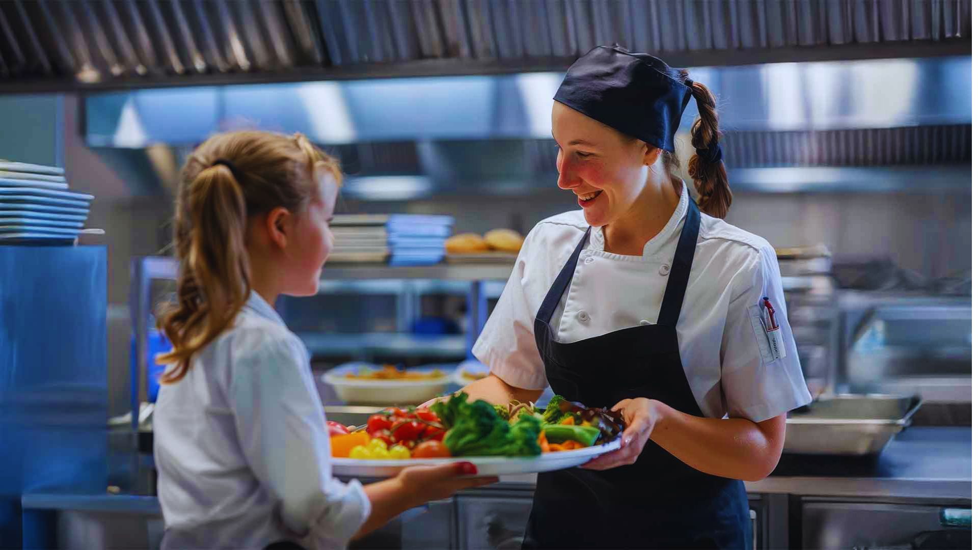One girl handing a tray of vegetables to another girl, standing together in a kitchen.