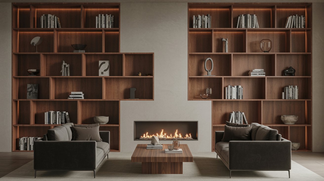 "Asymmetrical built in bookshelves around a fireplace in a modern artistic living room design."