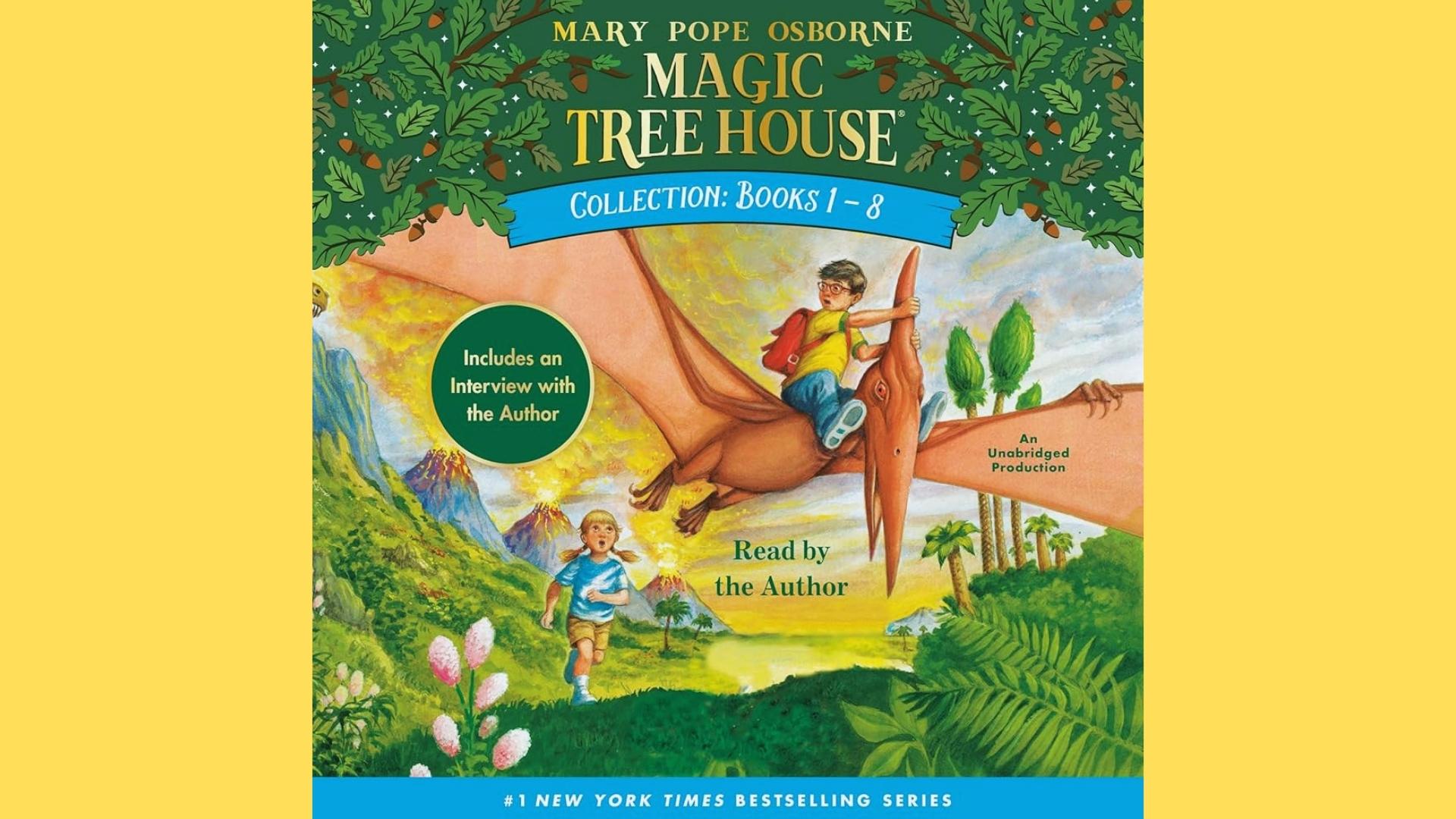 Magic Tree House Collection Books 1-8 cover showing kids riding pterodactyl over volcanoes and prehistoric landscape.