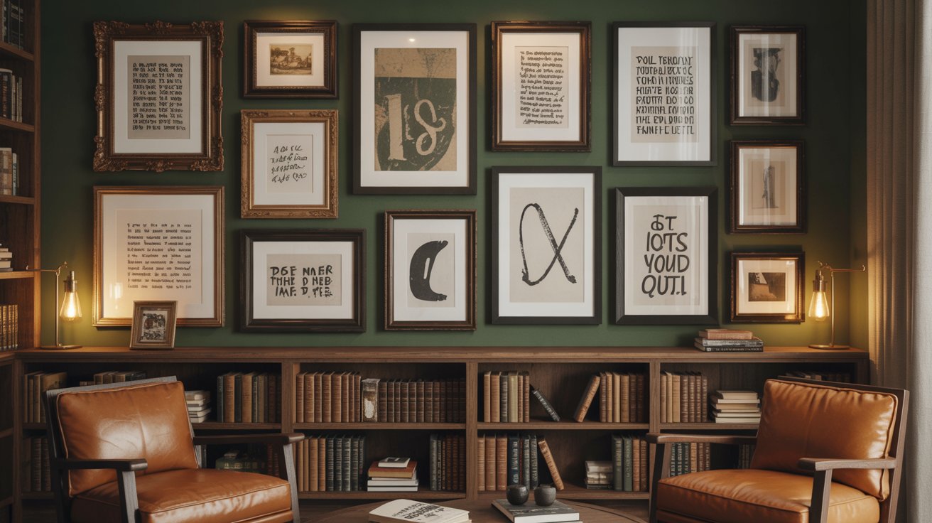 Framed literary quote artwork on wall in dark green home library with cozy decor.