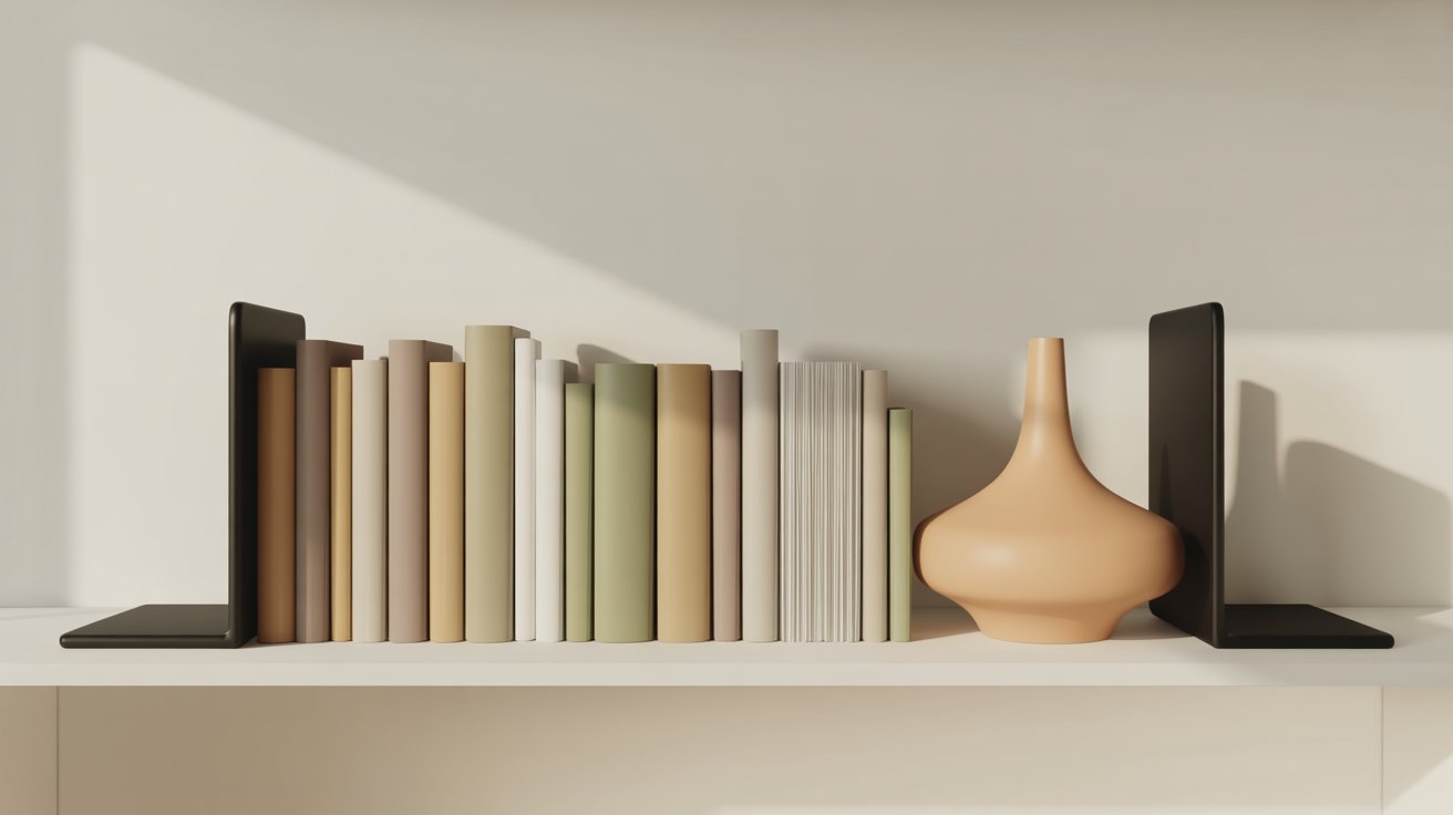 Vertical books with stylish bookends and minimal decor arranged neatly on clean modern bookshelf.