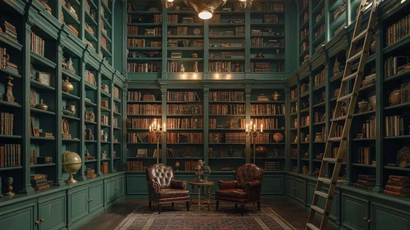 Tall floor-to-ceiling dark green bookshelves filled with books in a cozy home library.