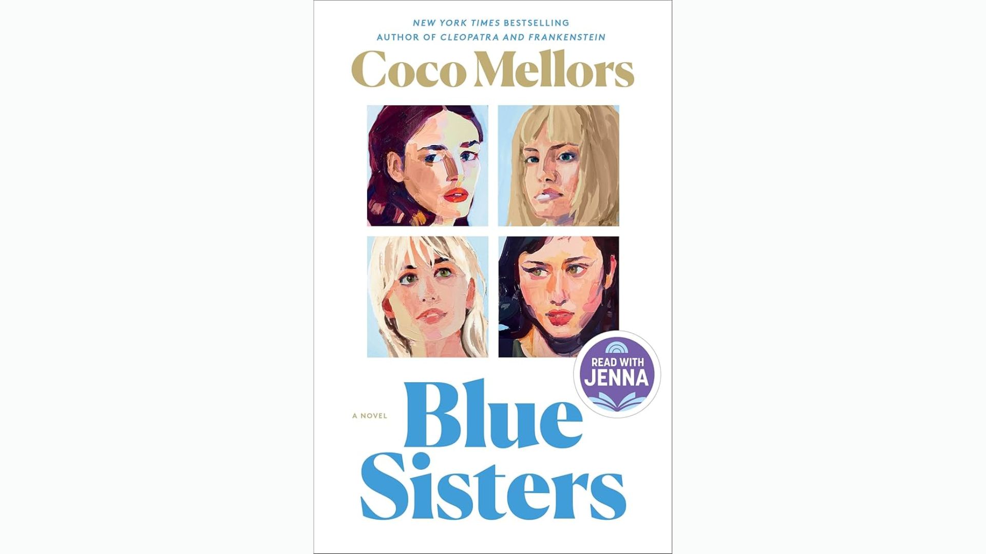 "Cover of 'The Blue Sisters' by Coco Mellors, featuring abstract art with blue tones and no landscape elements."