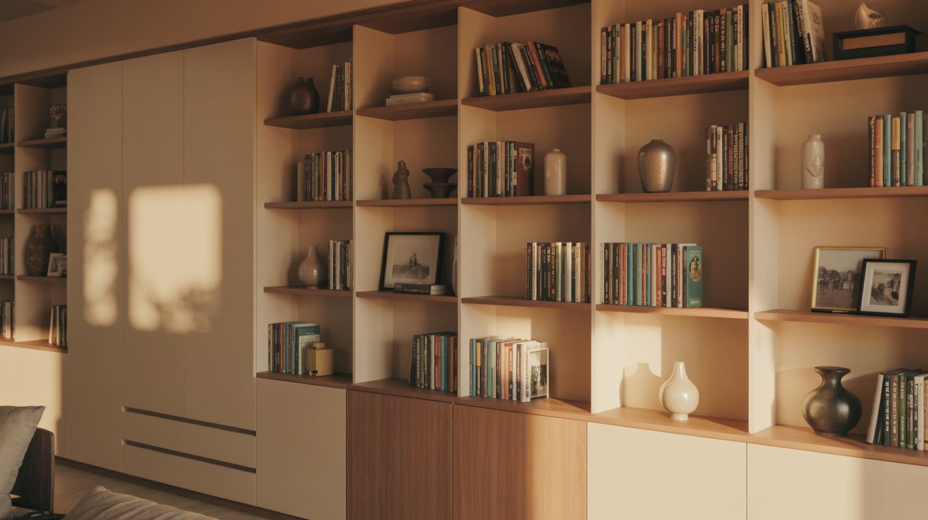 "Floor-to-ceiling built-in bookshelves with open and closed storage combination in a modern organized living room."