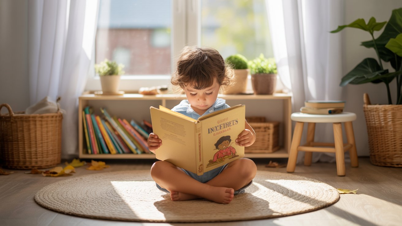 Child reading classic books in calm, minimal homeschool environment with natural lighting.