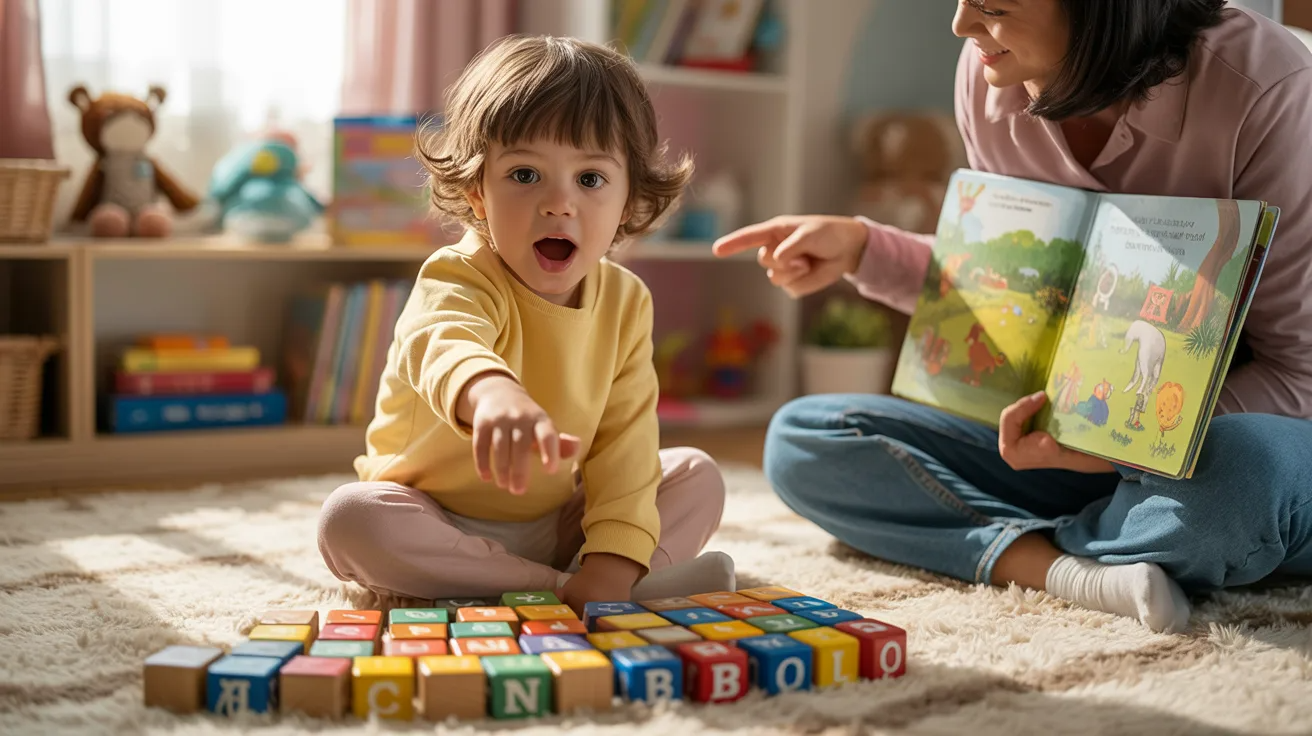 Preschool child playing with letters and picture books in a fun early learning home environment.