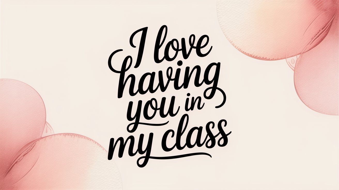 Handwritten script "I love having you in my class" with soft pink watercolor bubbles.