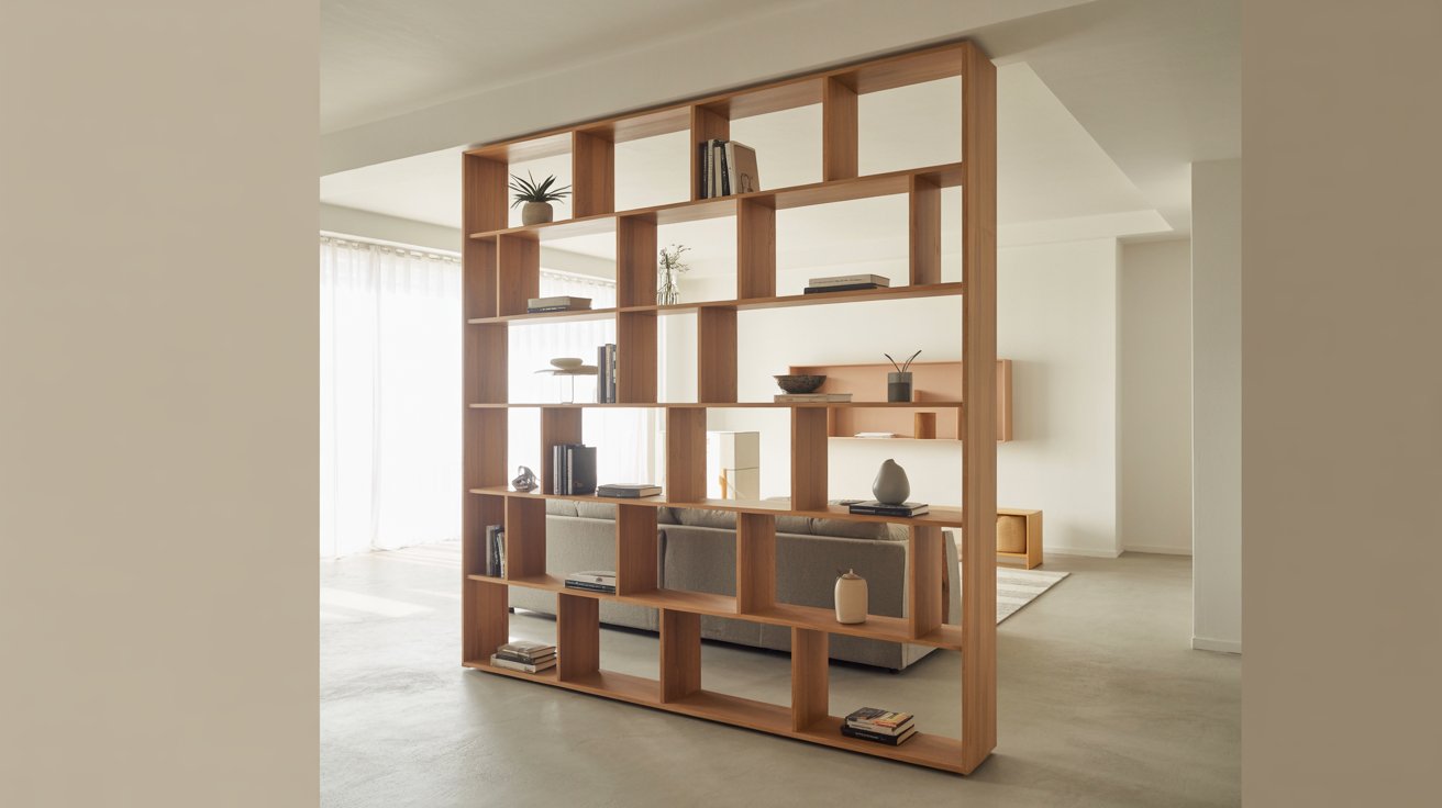 Small living room with bookshelf divider, open layout, airy space, modern multifunctional design