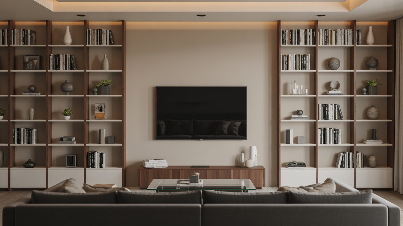Small living room with TV and built-in bookshelves, organized modern entertainment wall design