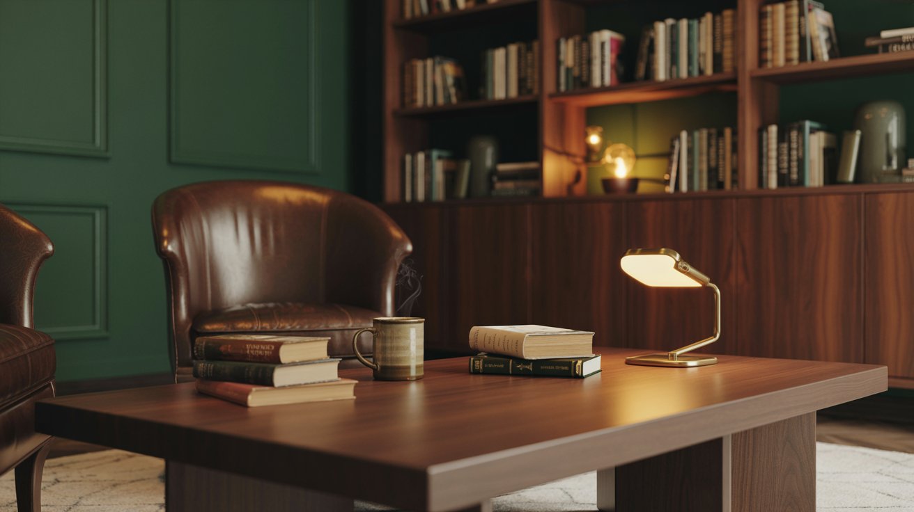 Wooden coffee table in dark green home library with books and cozy seating area.