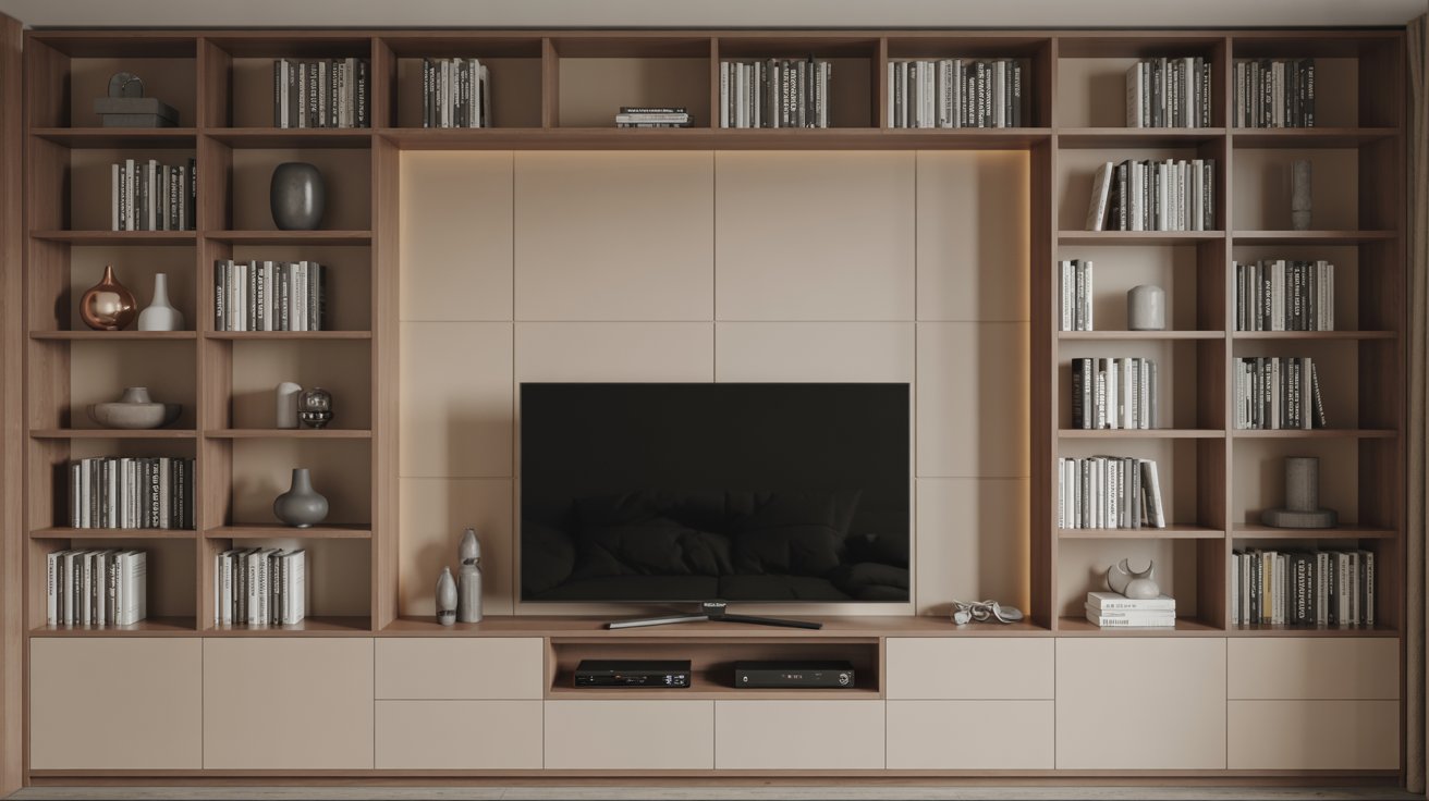 "Bookshelves built around a TV unit with symmetrical design, creating a balanced and organized small home library living room."