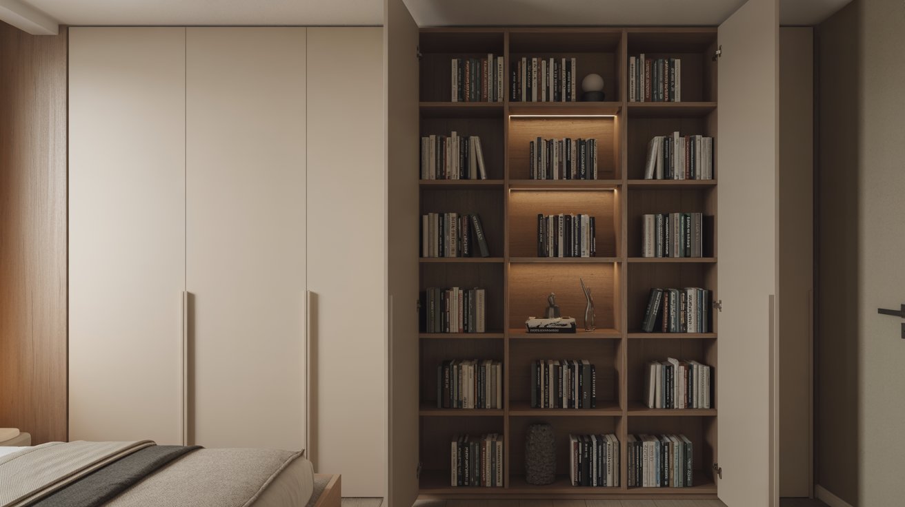 "Hidden mini library inside wardrobe with shelves of books and soft lighting in a clean, clutter-free bedroom."
