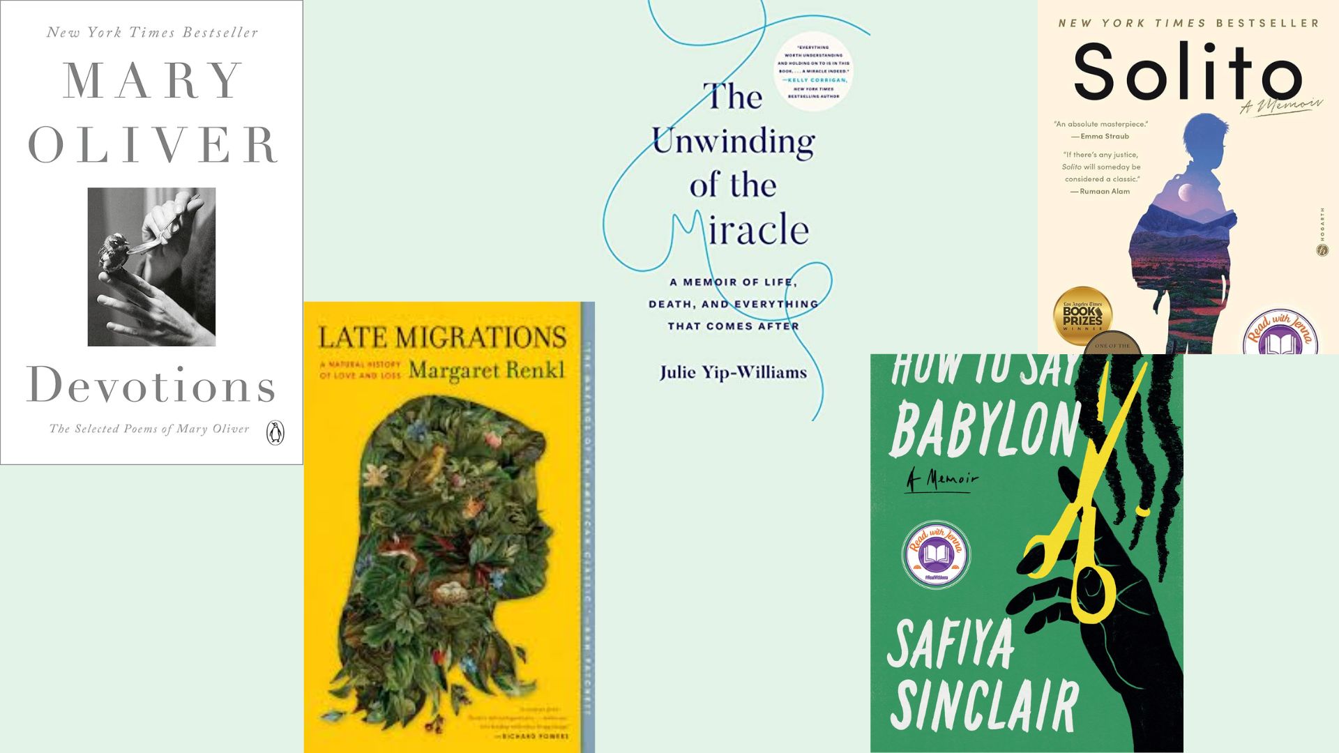 "Five books displayed, each featuring the title prominently on the cover, showcasing a variety of genres and designs."