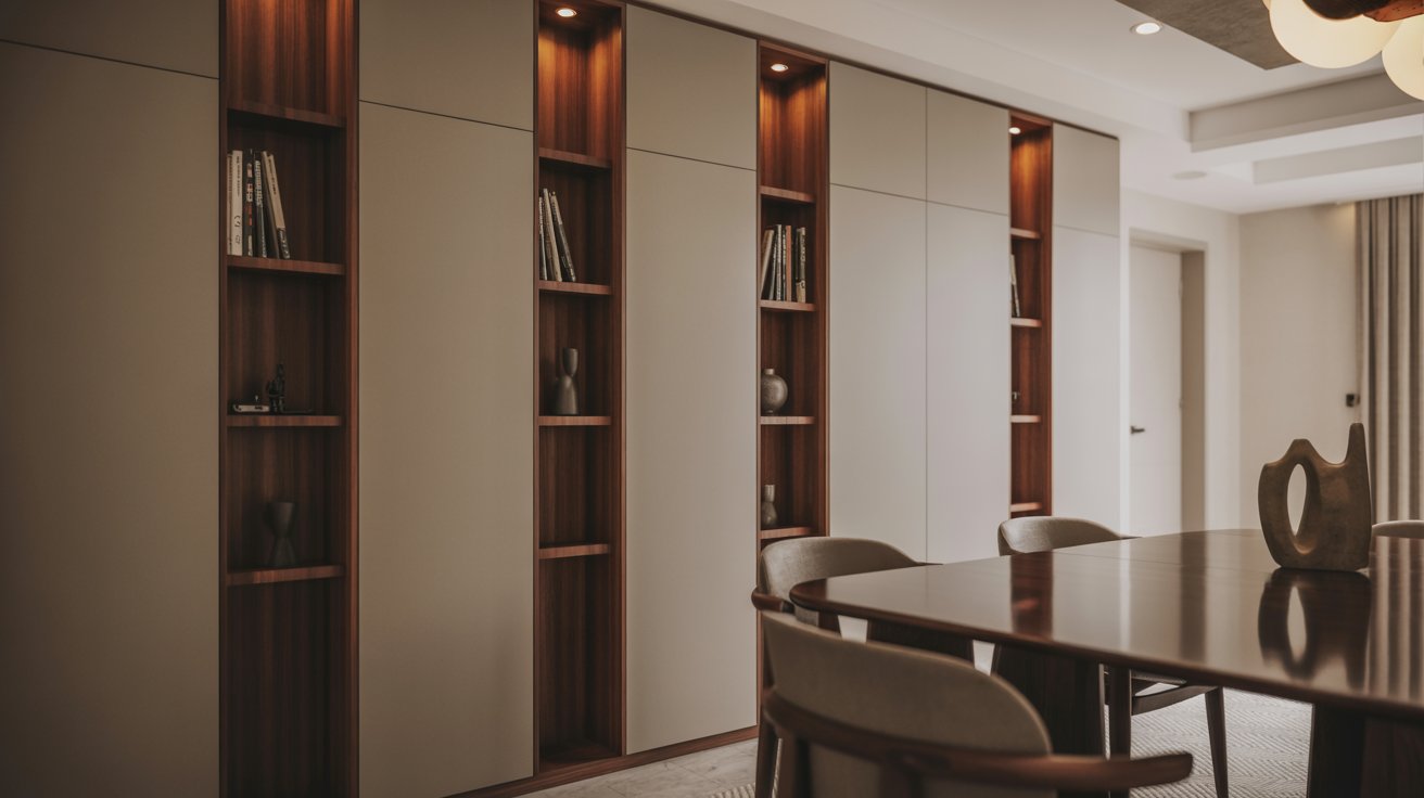 Dining room with hidden cabinets concealing bookshelves, clean walls, and minimal organized design