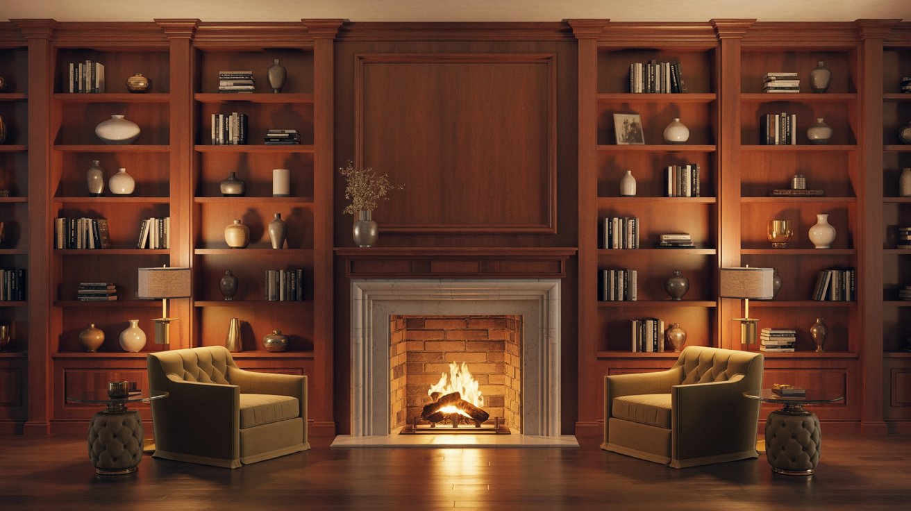 "Floor-to-ceiling built-in bookshelves surrounding a fireplace in a warm symmetrical living room design."