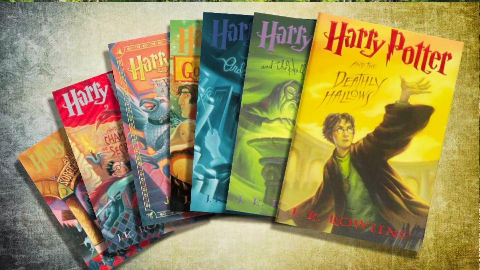 A bookcase displays various Harry Potter books, showcasing their colorful covers and iconic titles.