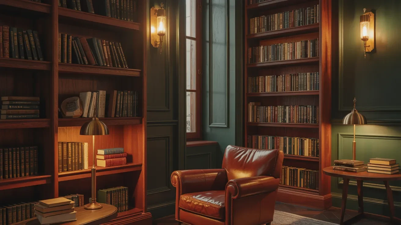 Dark wood bookshelves against dark green walls in a warm classic home library.
