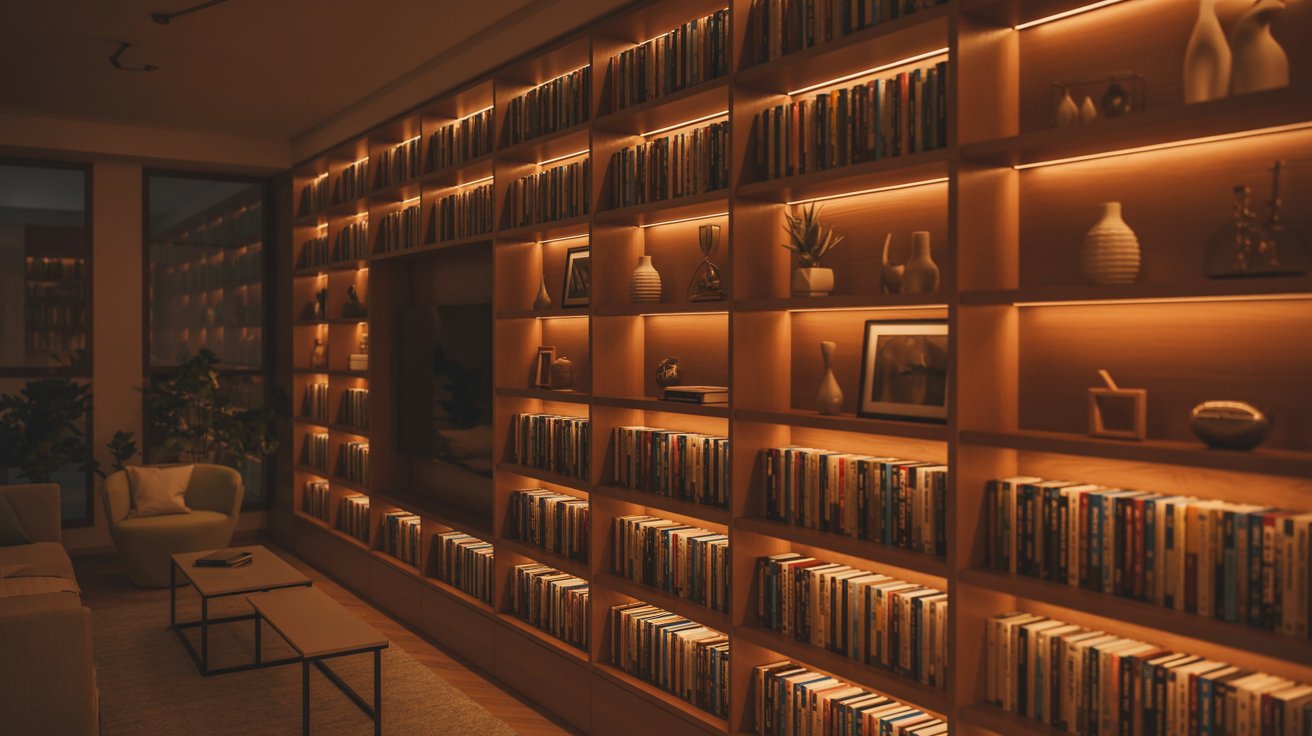Small living room bookshelf with LED lighting, warm glow, cozy and stylish modern design