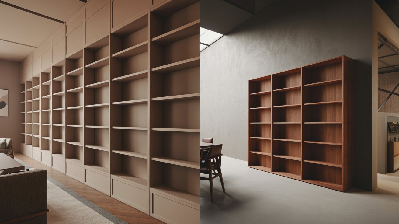 "Split-view of built-in wall bookshelf integrated into architecture and freestanding wooden bookcase in showroom highlighting professional interior design usage"