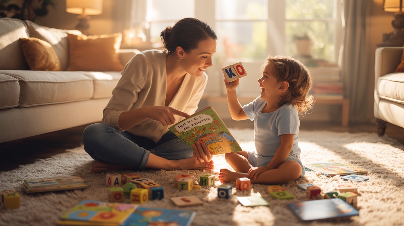 Parent and child playing word games and storytelling for fun reading practice at home.
