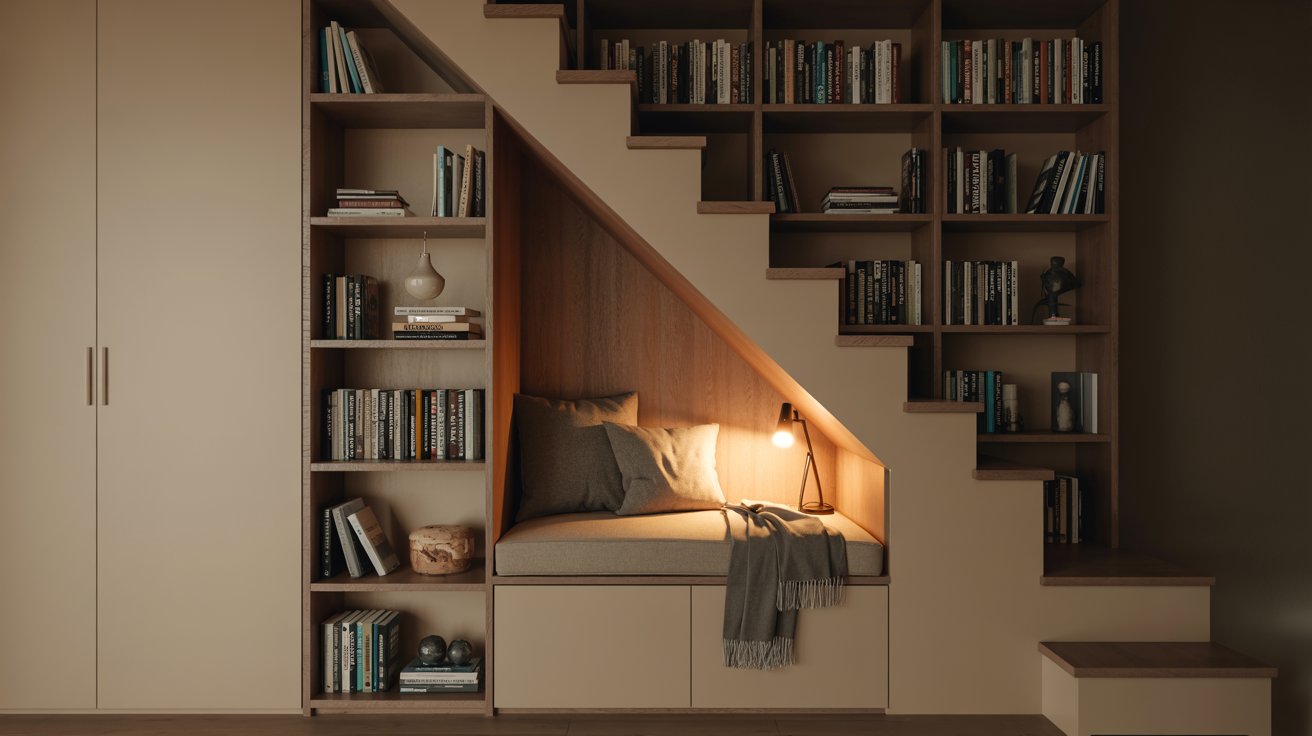 "Under-stair library nook with built-in shelves, cushioned seat, and warm lighting creating a cozy private reading space."