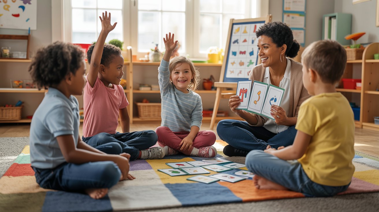 Group homeschool learning session with children and parent in structured community-based setup.