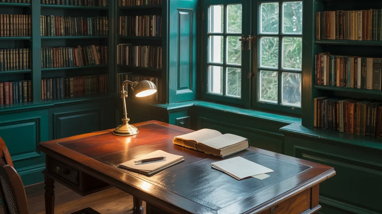 Vintage wooden desk in dark green home library near window with books and warm lighting.