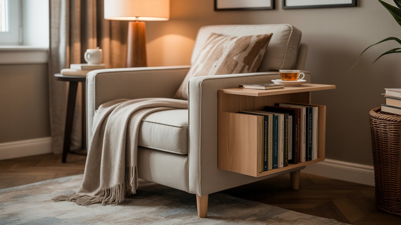 "Comfortable reading chair with side book rack holding books, creating a cozy and compact home library corner."