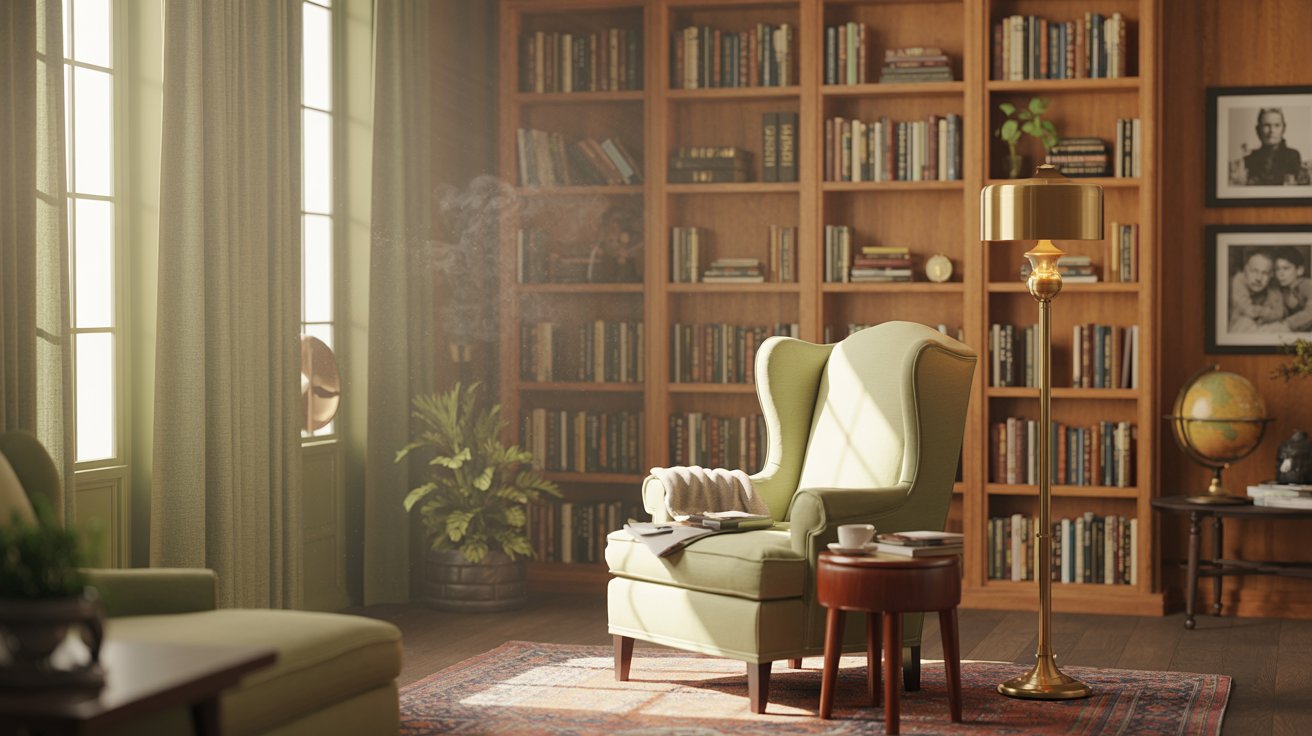 "Serene home library with cozy reading chair, warm bookshelves, and calming interior designed for focus and relaxation."